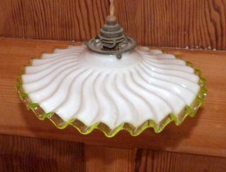 Antique Vintage French rise & fall pendant light system with wavy opaline shade 3