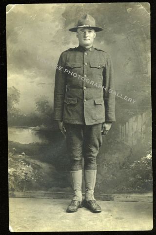 Military Rppc Real Photo Postcard Wwi Us Soldier With Medic Collar Disc