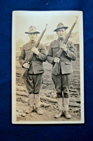 Wwi Era Real Photo Post Card Of 2 Soldier W/ P - 17 Rifles At Camp Custer
