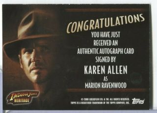 Karen Allan Indiana Jones Heritage Signed Card 2008 TOPPS Lucasfilm 100919DBCD 2
