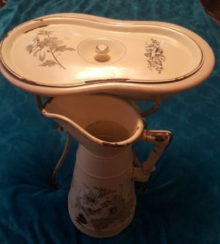 Very Rare Antique French Enamel Bidet,  Wash Basin With Stand,  Lid And Pitcher
