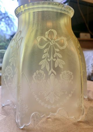 A Lovely Etched Light Green And Clear Glass Twin Duplex Oil Lamp Shade.