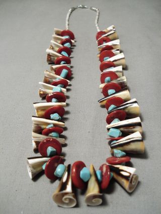 Very Unique Huge Coral Vintage Navajo Turquoise Sterling Silver Necklace