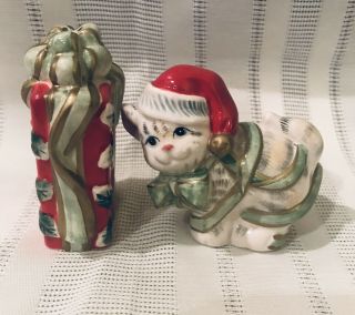 Fitz And Floyd Christmas Salt Pepper Shaker Set Kitty Kringle & Present Cat Box