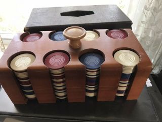 Vintage Poker Chip Set In Wooden Box