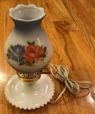 Vintage Milk Glass Base Lamp With Hand Painted Glass Shade
