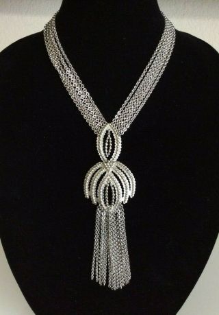 Vtg Signed Monet Textured Silver Tone Art Deco Dangle Chain Statement Necklace
