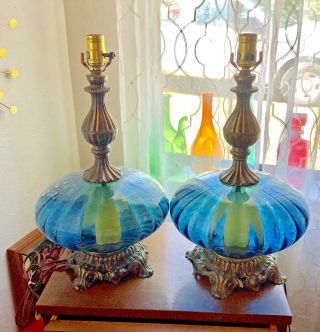 Mid Century Modern Cobalt Blue Optic Glass Saucer Table Lamp Atomic Vintage Pair