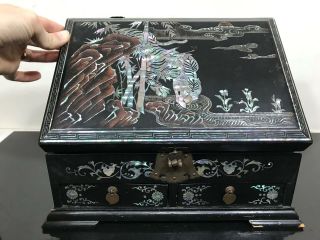 Vtg Chinese Wood Inlaid Abalone Chest Jewelry Box Storage Case