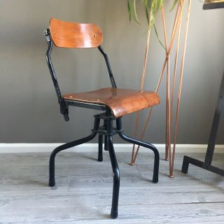 Antique Adjustable Wooden Office Desk Chair - Metal Base