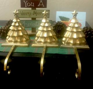 Vintage Heavy Polished Brass Christmas Tree Star Stocking Holder Hanger Set 3lot