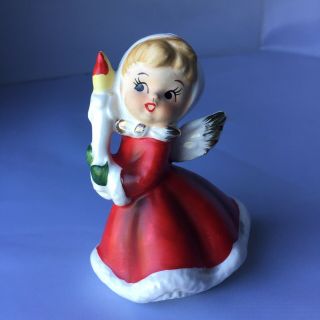 Vintage Napcoware Ceramic Christmas Angel Figurine With Red Dress Holding Candle