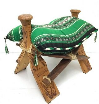 Vintage Camel Stool Saddle W Hand Carved Designs & Green,  White And Black Top
