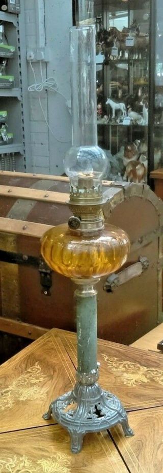 Art Nouveau Oil Lamp With Metal Base,  Marbled Pillar & Kosmos Brenner Burner