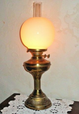 Vintage Brass Dbl Wick Oil Lamp 22 " H,  Chimney & Shade Good Order