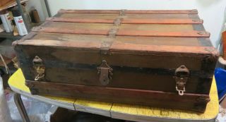 Vintage Antique Metal And Wooden Flat Top Travel Steamer Trunk 34 X 19 X 12 "