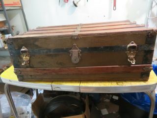 Vintage Antique Metal and Wooden Flat Top Travel Steamer Trunk 34 X 19 X 12 