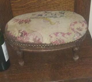 Antique Oval Footstool With Tapestry Fabric Made In Belgium