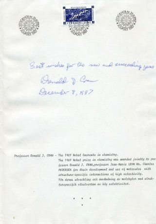 1987 Nobel Prize In Chemistry Donald J.  Cram Orig Autograph From 1987