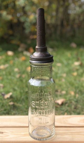 Vintage 30s Socony Motor Oil Gas Station Quart Oil Glass Bottle W/spout