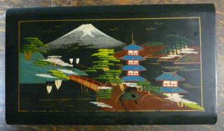 Large Japanese Jewelry Box Hand Painted W/mirror Mt Fuji Scene