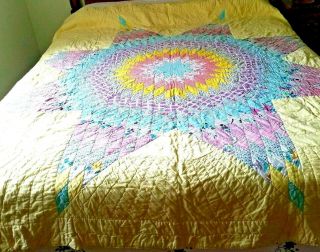 Vintage Quilt Hand Made Hand Quilted Texas Star Queen 74 X 80 Yellow Multi Good