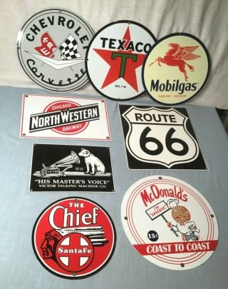 8 Vintage Metal Advertising Signs Mobilgas Texaco Santa Fe Corvette Route 66