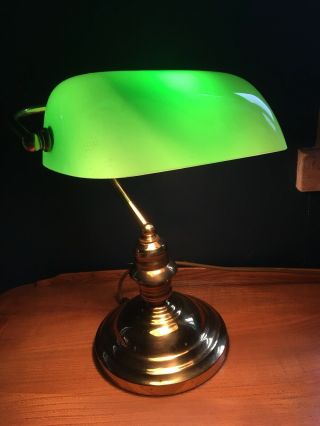 Vintage Bankers Brass Goose Neck & Green Glass Office Study Desk Lamp Light