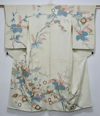 Japanese Kimono Silk Semi - Antique Houmongi / Flower & Leaves /267