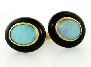 Vintage 14k Gold Black Onyx & Fire Opal Earrings Circa 1970 
