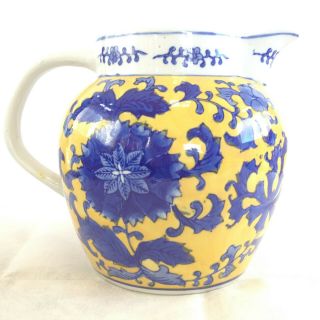 Pitcher Water Tea Lemonade Flower Vase Italian Painted Blue Yellow Heavy Vintage