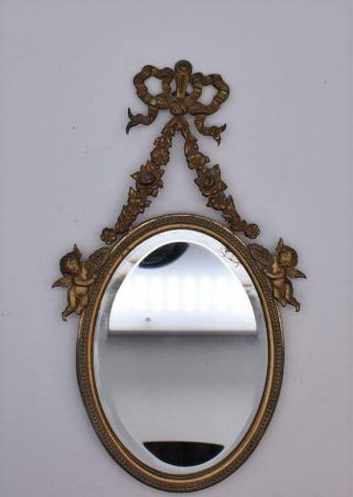 Antique 19thc French Brass Hanging Mirror - Fine Angel Detail - 8 " Lo