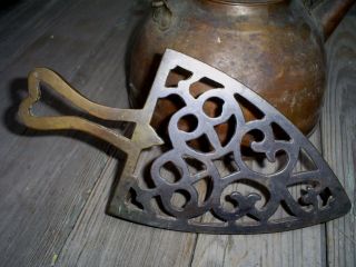 Antique Solid Brass Ornate Footed Trivet Stand With Heart Shaped Handle