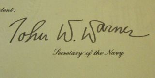 1973 John Warner US Secretary of Navy Virginia Senator Signed Autograph Document 2