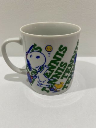 Vintage Peanuts Snoopy Woodstock Tennis Ceramic Mug Cup 1965