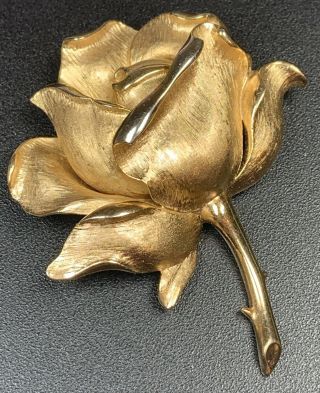 Signed Crown Trifari Vintage Brooch Pin Large Brushed Gold Tone Rose Flower