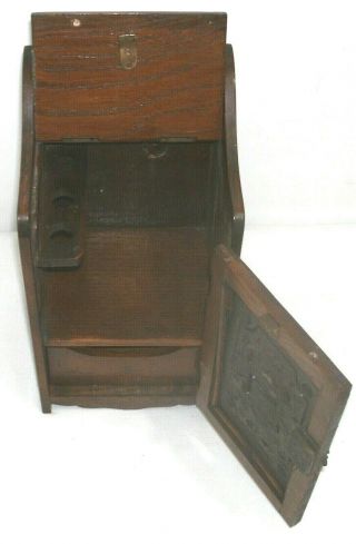Edwardian antique english oak smokers cabinet with draw and pipe rack 2