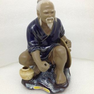 Vintage Chinese Shiwan Mud Man Fisherman Figurine Kneeling On Rock Mudman