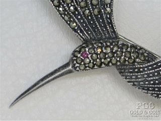 Vintage Judith Jack Marcasite Hummingbird Ruby Eye Sterling Silver Brooch 15833 2