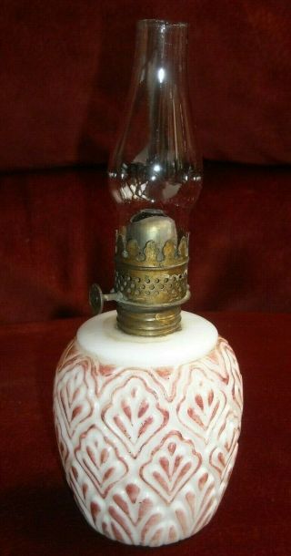 Antique Vintage Miniature Oil Lamp White Milk Glass,  Pink Accents Usa