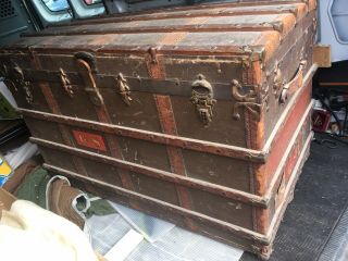 Freight 19c Antique Steamer Trunk Stagecoach Blanket Coffee Table Leather Brass