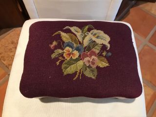 Antique Foot Stool With Burgandy Floral Needlepoint Top