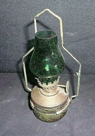 Vintage Mini Hanging Copper Oil Lamp With Green Shade 5 " Tall 45