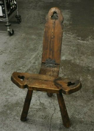 Antique Primitive Wood Milking Stool Birthing Chair Folk Art 3 Legged W/ Back