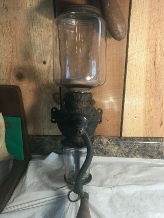 Antique 1903 Arcade Crystal Cast Iron Coffee Grinder Mill Wall Mount