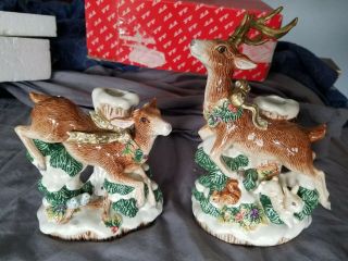 Pair Fitz & Floyd Snowy Woods Reindeer Deer Candle Holders Candlestick Christmas