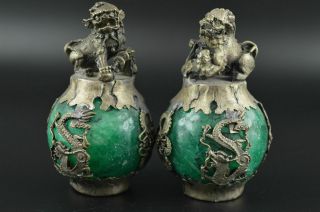 Old Miao Silver Carve Kylin & Dragon Phoenix Inlay Green Jade Lucky Pair Statue