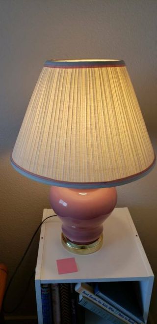 Vintage Pink Ceramic Base Table Lamp With Quality Shade Pink Edge