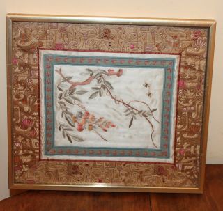 Vintage Chinese Silk Embroidery Picture With Flowers And Insects.