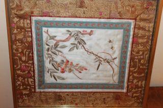 Vintage Chinese silk embroidery picture with flowers and insects. 2